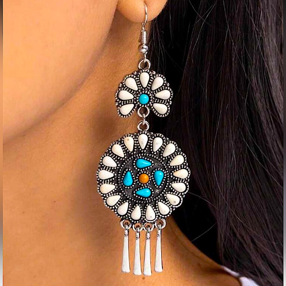 Boho Turquoise and White Stone Dangle Earrings